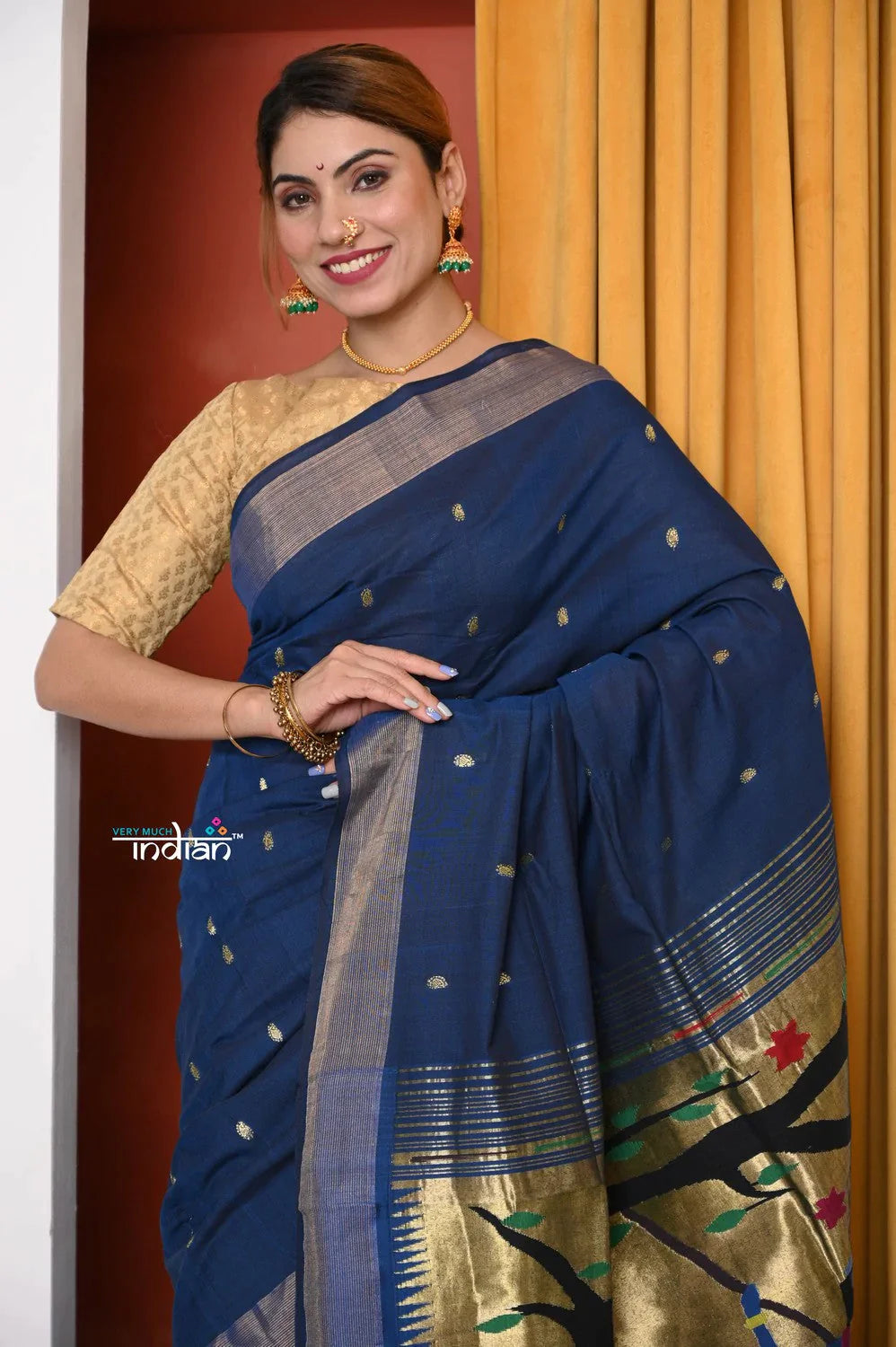 EXCLUSIVE! Traditional Handloom Dark Blue Cotton Paithani With Radha Krishna Pallu - qrack theme