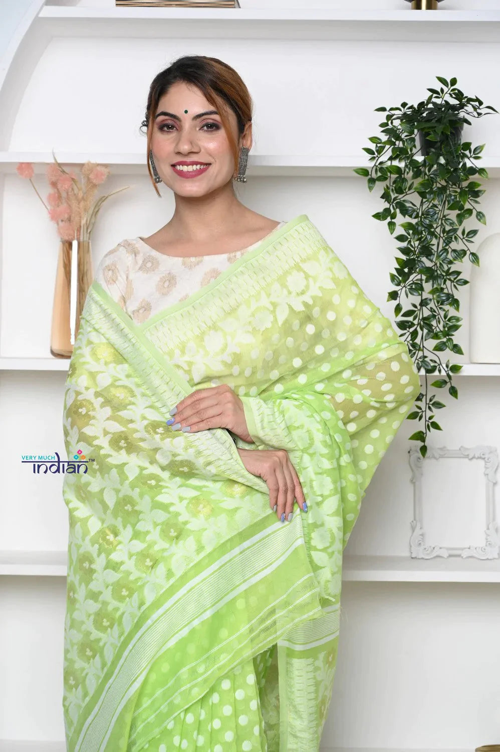 PREMIUM! Pastel Mint Green Jamdhani Cotton Saree With Beautiful Pallu* - qrack theme