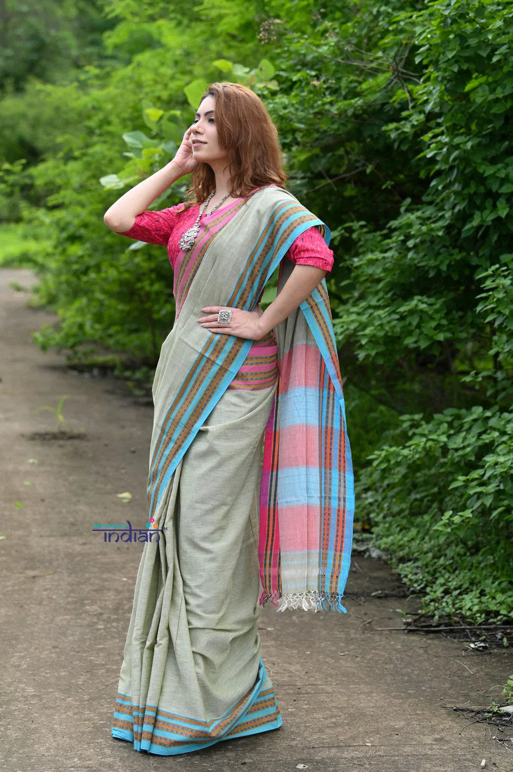 Traditional Patteda Anchu Ilkal Handloom Saree~ Gage Green With Multicolor Border - qrack theme