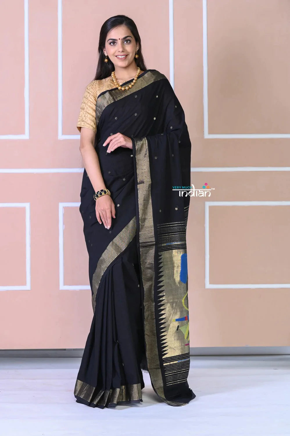 Authentic Handloom Cotton Paithani In Black Color And Golden Instrumental Pallu - qrack theme