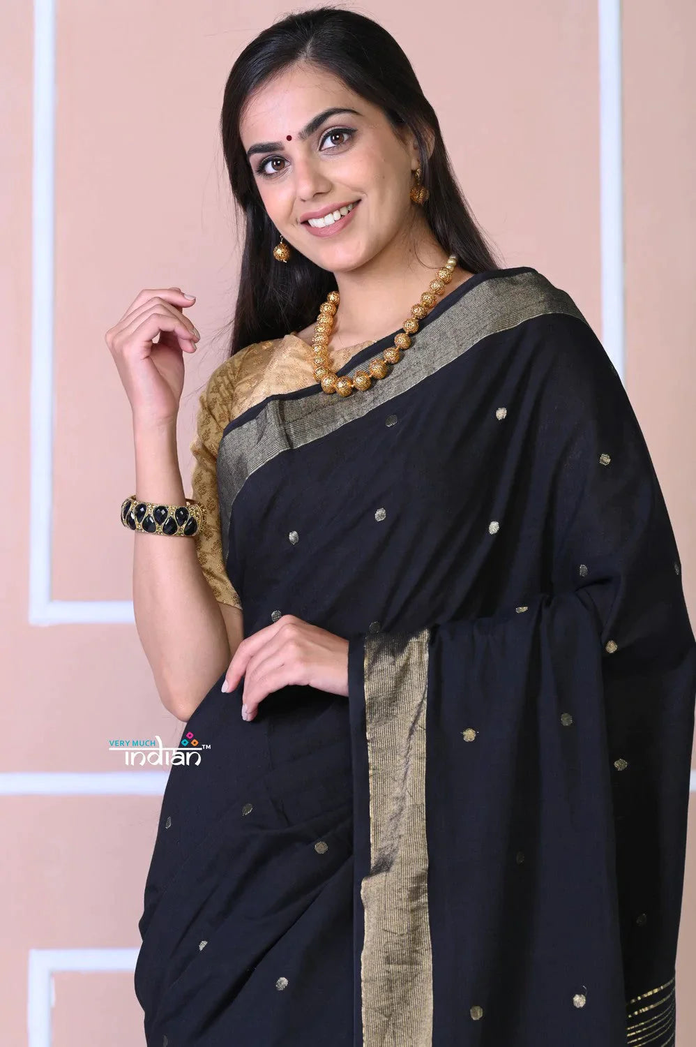 Authentic Handloom Cotton Paithani In Black Color And Golden Instrumental Pallu - qrack theme