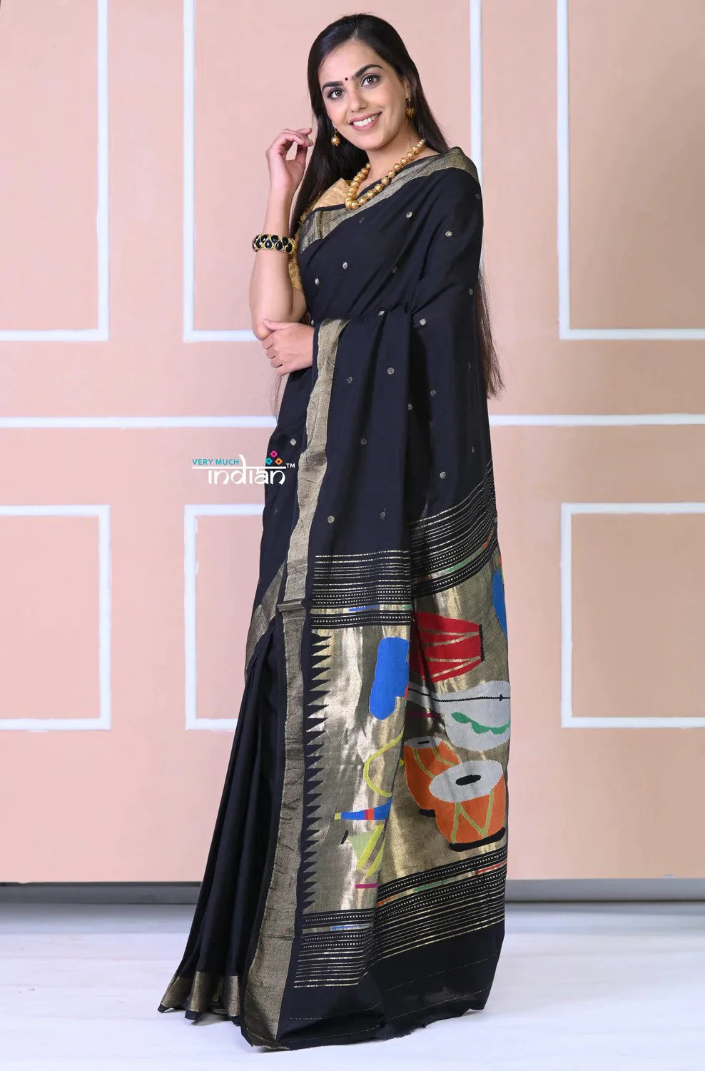 Authentic Handloom Cotton Paithani In Black Color And Golden Instrumental Pallu - qrack theme