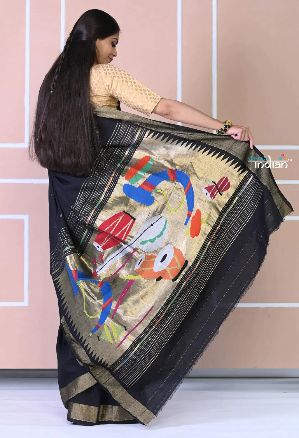 Authentic Handloom Cotton Paithani In Black Color And Golden Instrumental Pallu - qrack theme