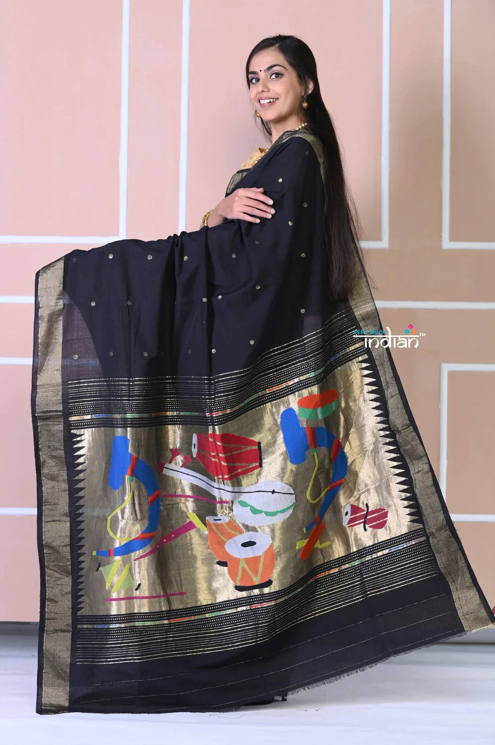 Authentic Handloom Cotton Paithani In Black Color And Golden Instrumental Pallu - qrack theme