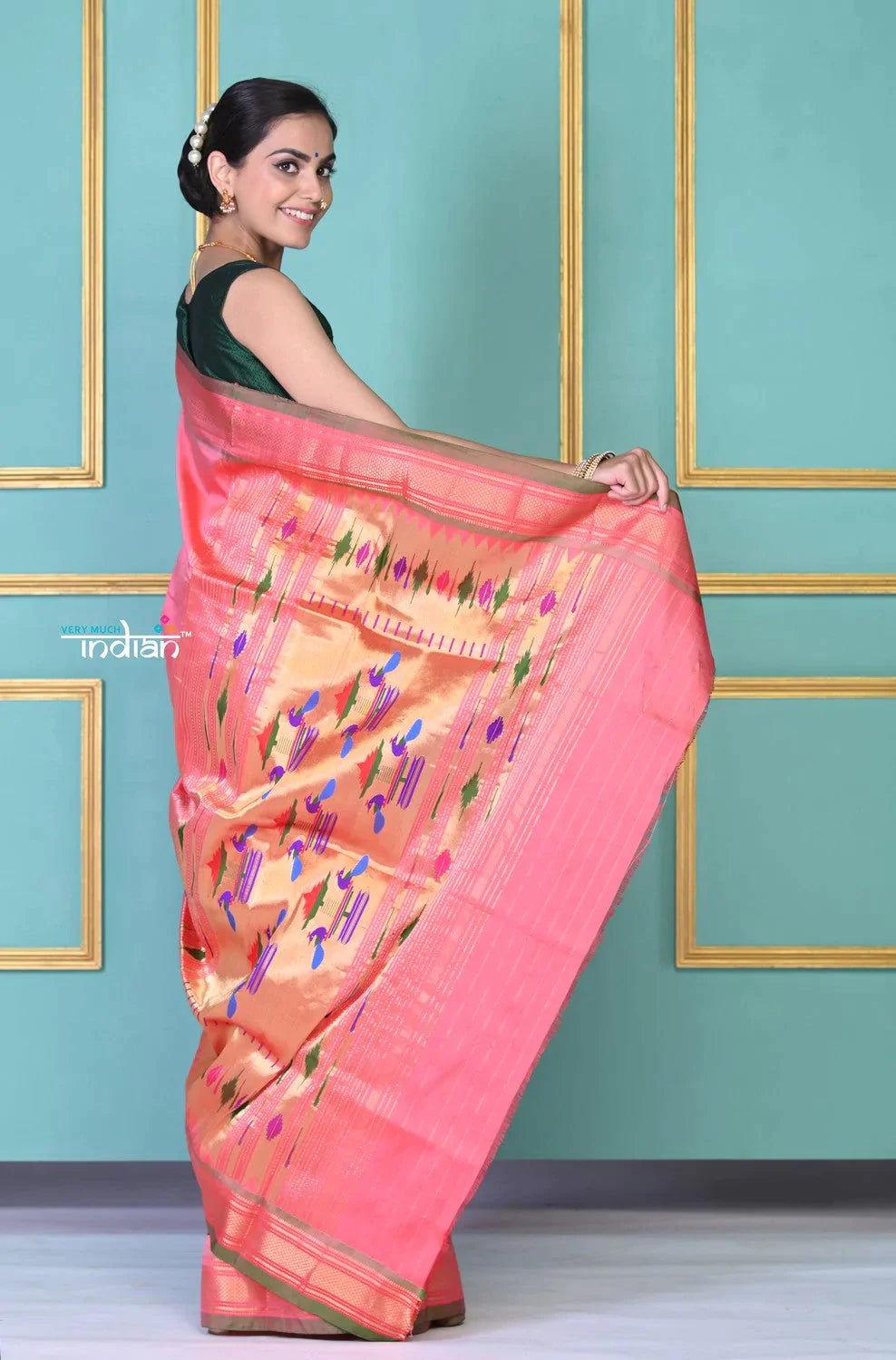 EXCLUSIVE! Traditional Pretty Powder Peach Pure Silk Double Pallu Paithani With Designer Peacocks Pallu - qrack theme