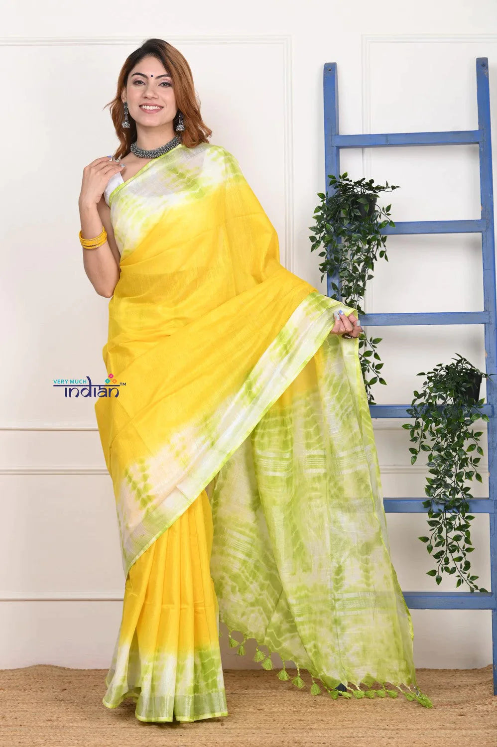 EXCLUSIVE! Handmade Tie and Dye Cotton Lime Yellow- Green Saree By Women Weavers - qrack theme