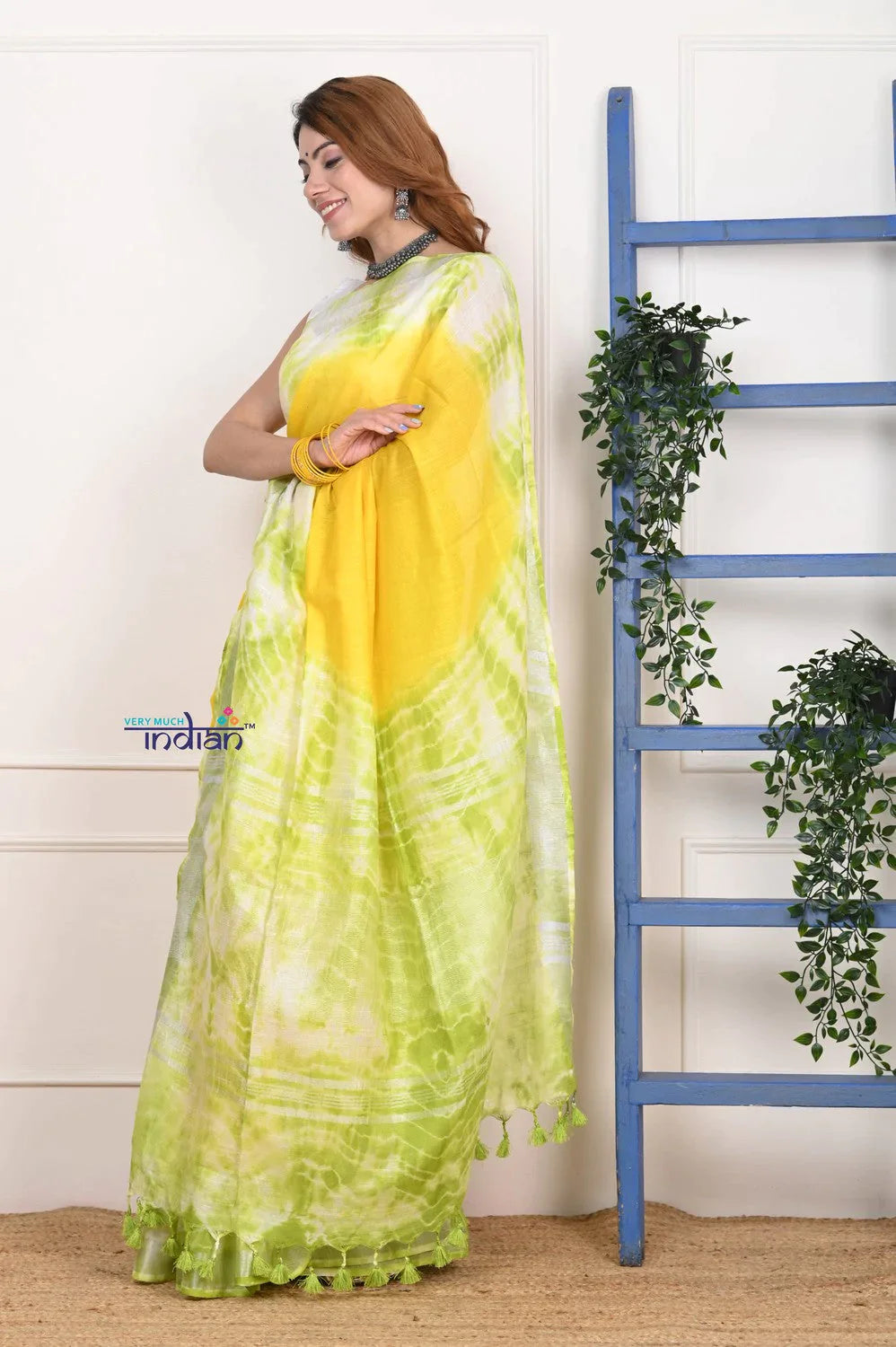 EXCLUSIVE! Handmade Tie and Dye Cotton Lime Yellow- Green Saree By Women Weavers - qrack theme