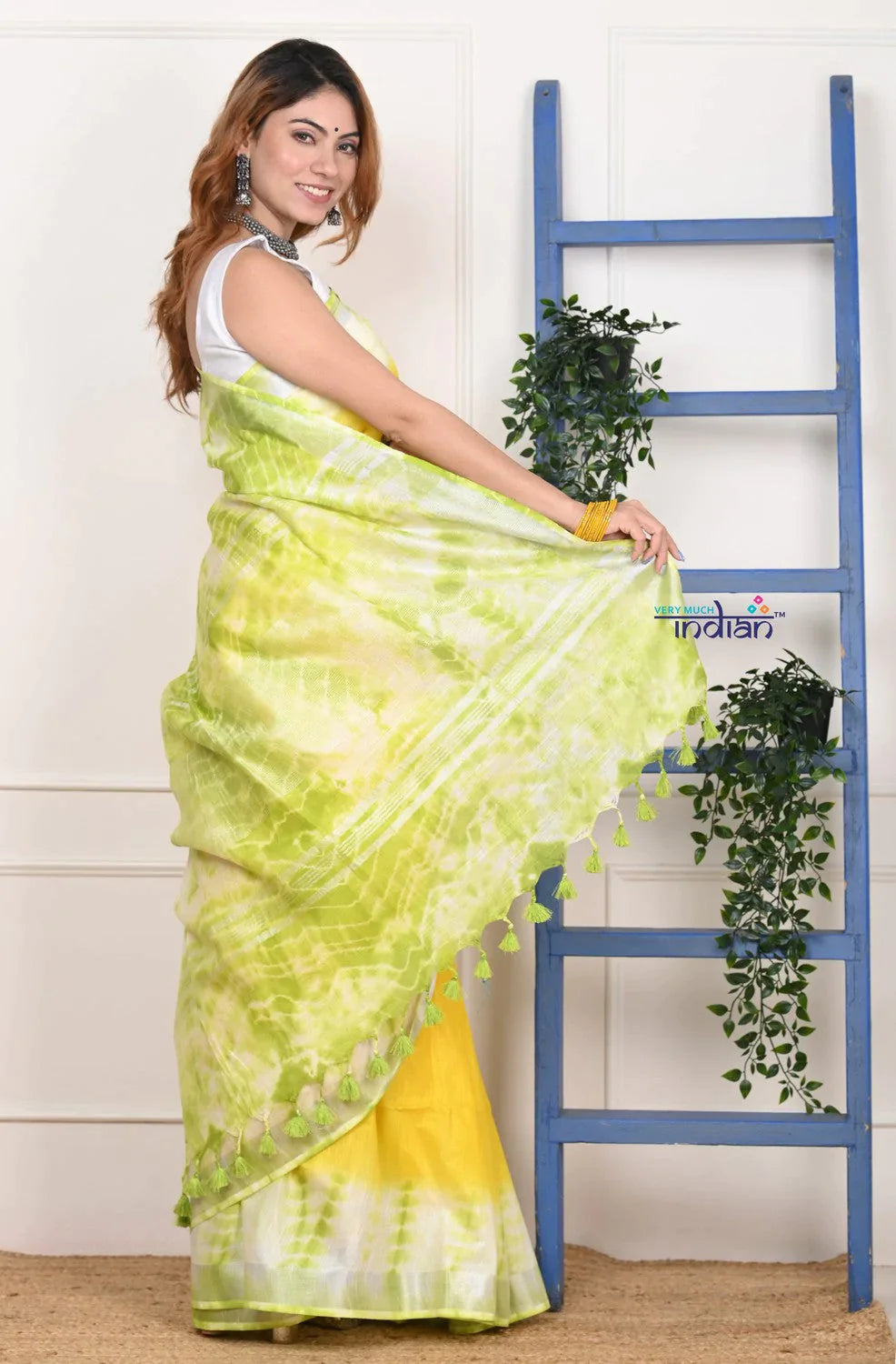 EXCLUSIVE! Handmade Tie and Dye Cotton Lime Yellow- Green Saree By Women Weavers - qrack theme