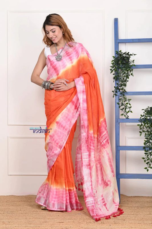 EXCLUSIVE! Handmade Tie and Dye Cotton Orange Lehriya Saree By Women Weavers - qrack theme