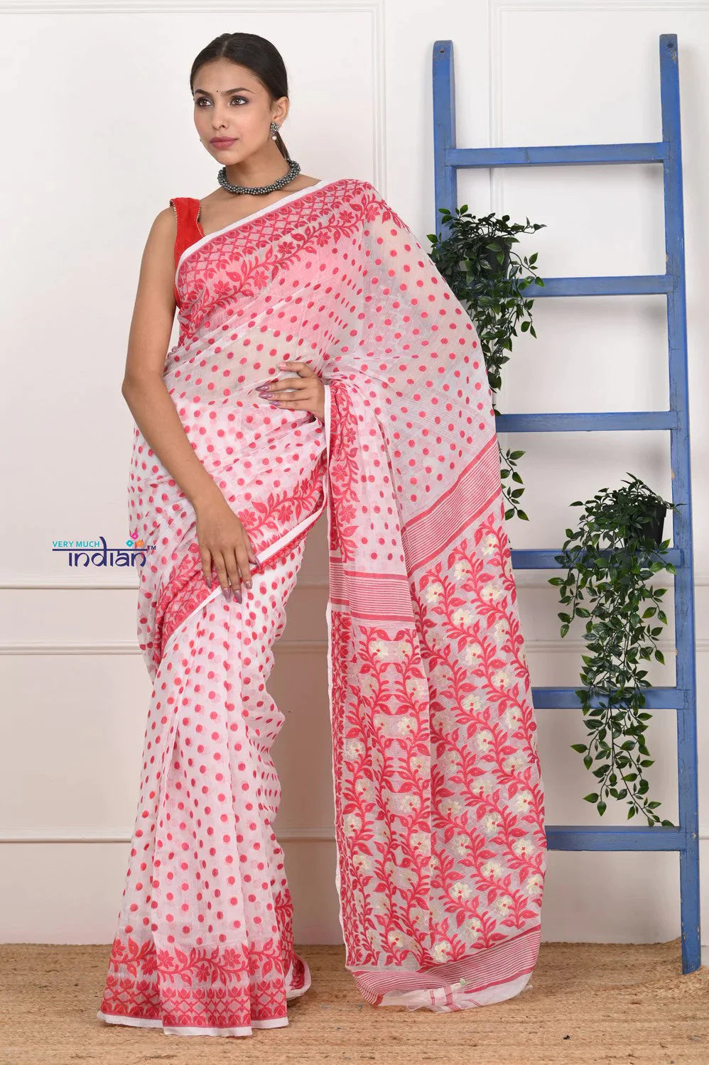 PREMIUM! Red- White Jamdhani Cotton Saree With Beautiful Pallu* - qrack theme
