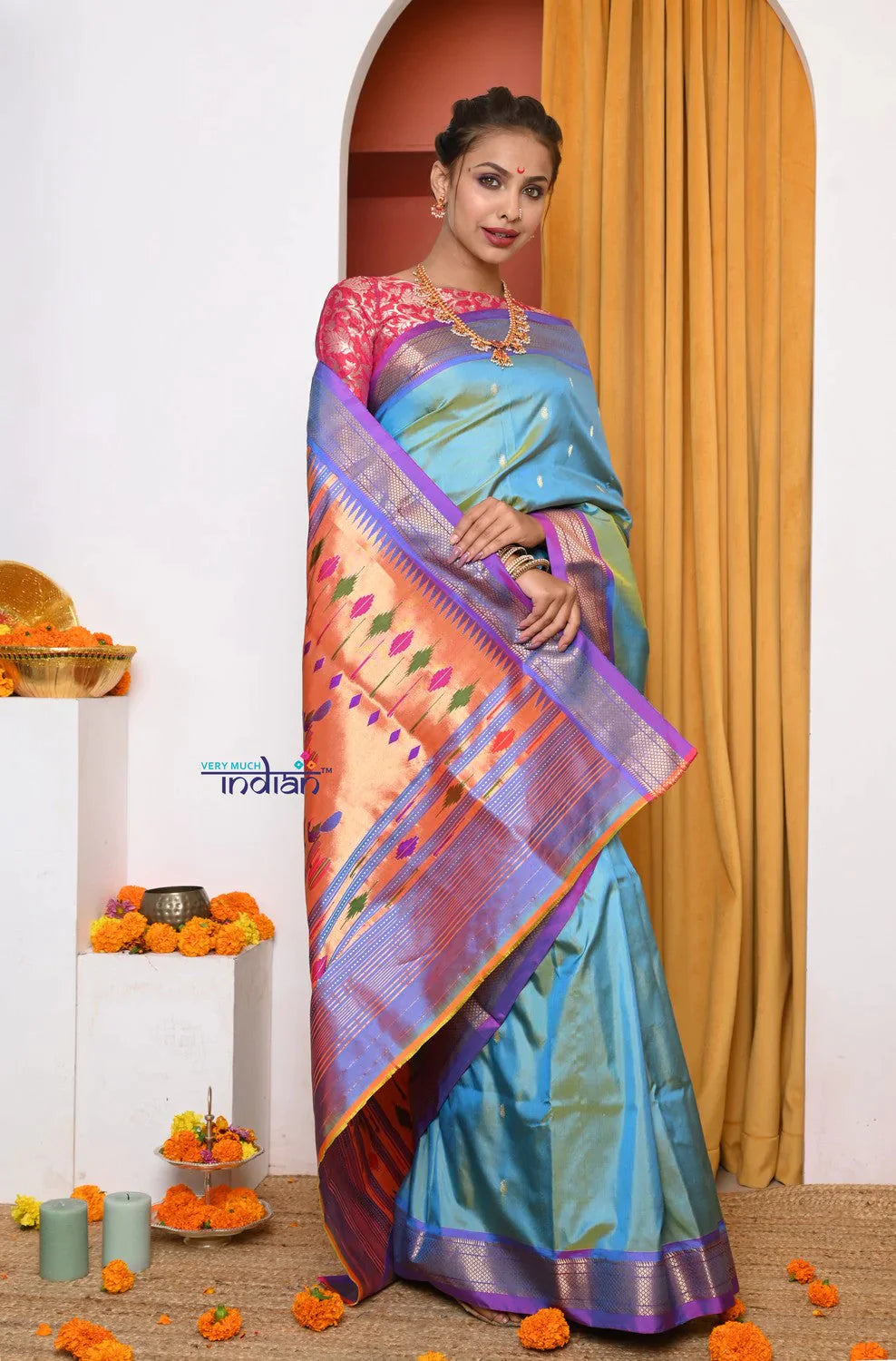 EXCLUSIVE! Authentic Dual Tone Powder Blue Paithani With Most Traditional Double Pallu - qrack theme