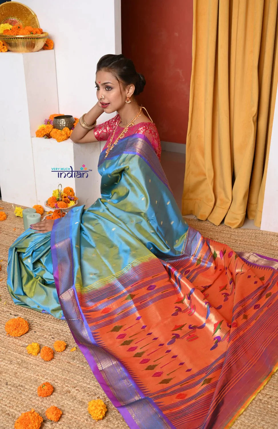 EXCLUSIVE! Authentic Dual Tone Powder Blue Paithani With Most Traditional Double Pallu - qrack theme
