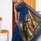 EXCLUSIVE! Traditional Handloom Dark Blue Cotton Paithani With Radha Krishna Pallu - qrack theme