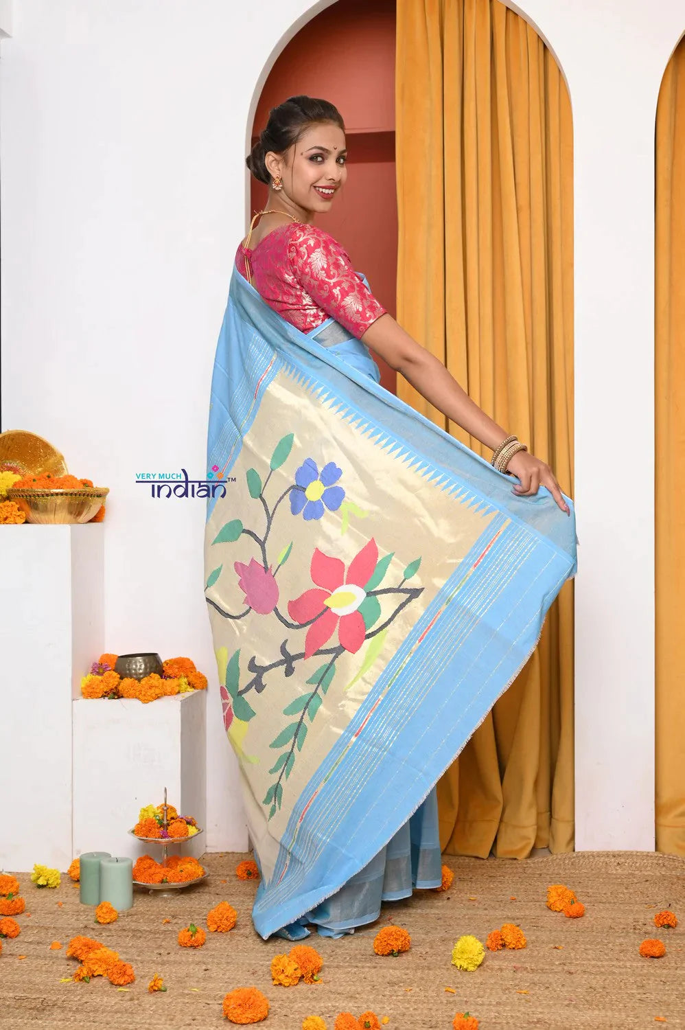 EXCLUSIVE! Traditional Handloom Powder Blue Cotton Paithani With Parrot Pallu - qrack theme