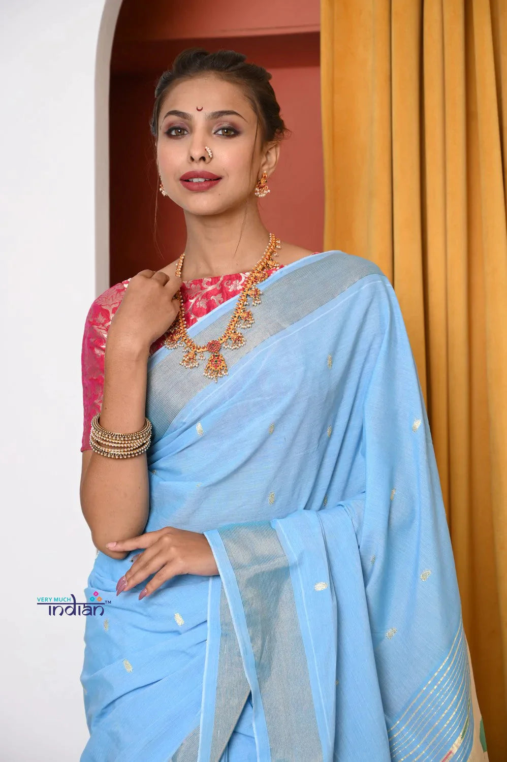 EXCLUSIVE! Traditional Handloom Powder Blue Cotton Paithani With Parrot Pallu - qrack theme