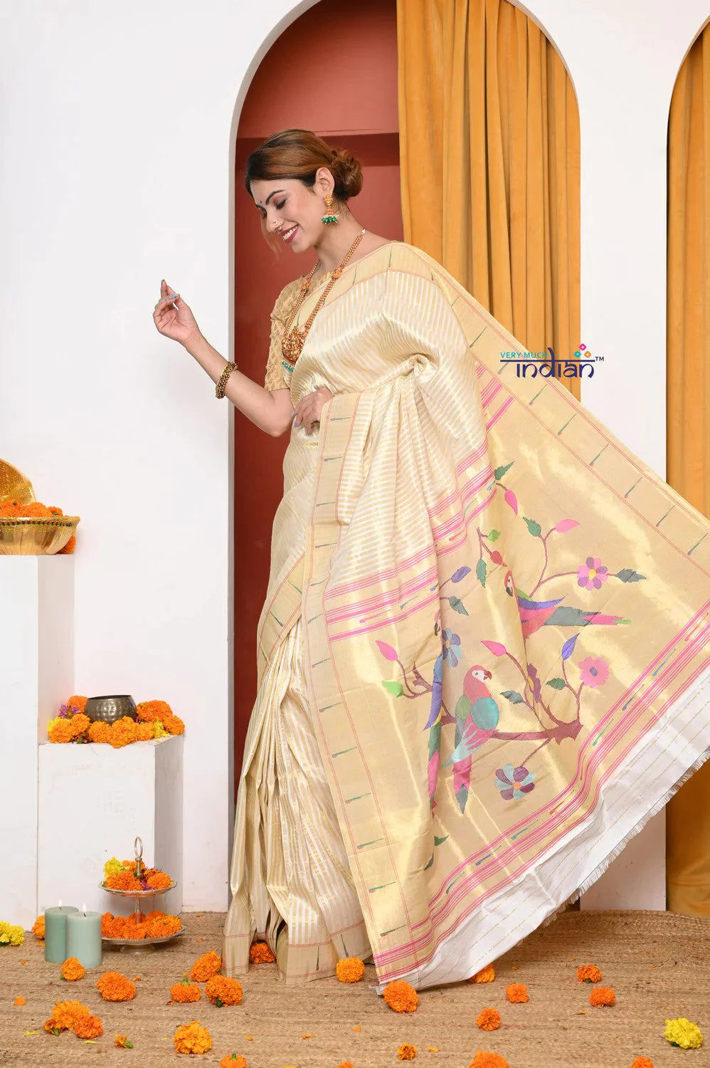 HERITAGE WEAVE ! Premium Handloom White- Golden Muniya Border Paithani With Golden Zari Work & Grand Parrot Pallu 555 - qrack theme
