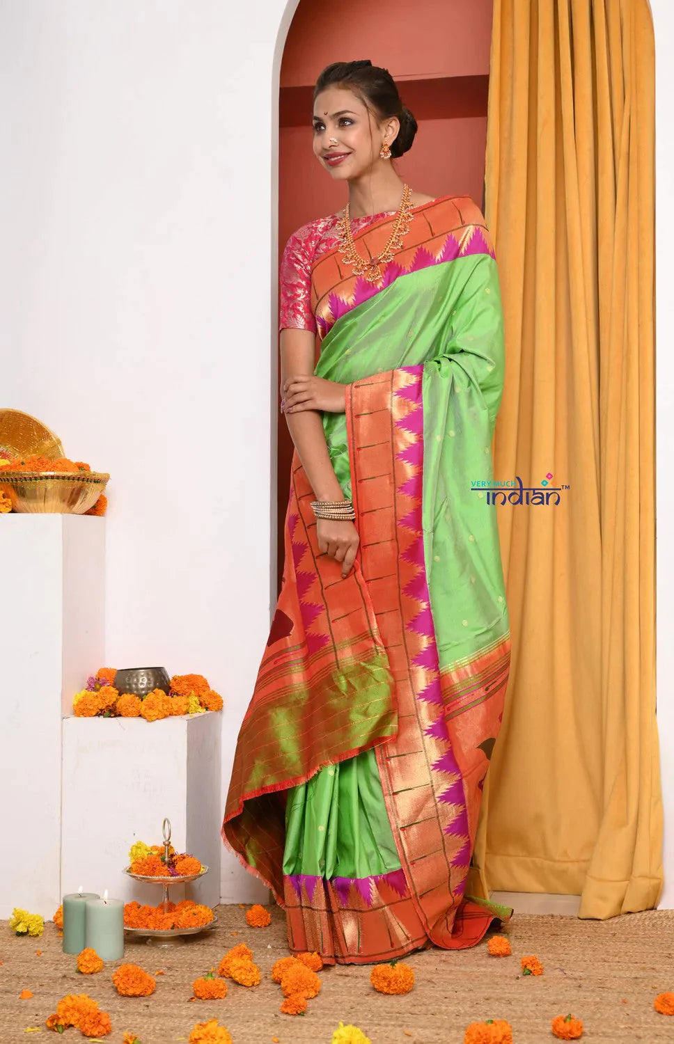 HERITAGE WEAVE ! Premium Handloom Pista Green Muniya Border Paithani  With Grand Peacock Pallu - qrack theme