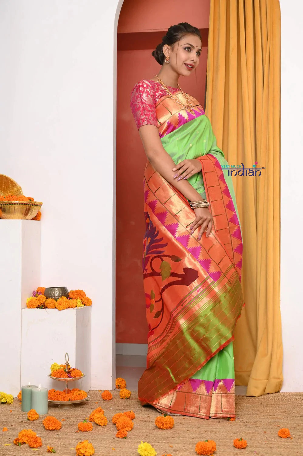 HERITAGE WEAVE ! Premium Handloom Pista Green Muniya Border Paithani  With Grand Peacock Pallu - qrack theme