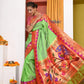 HERITAGE WEAVE ! Premium Handloom Pista Green Muniya Border Paithani  With Grand Peacock Pallu - qrack theme