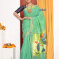 EXCLUSIVE! Traditional Handloom Sage Green Cotton Paithani With Radha Krishna Pallu - qrack theme