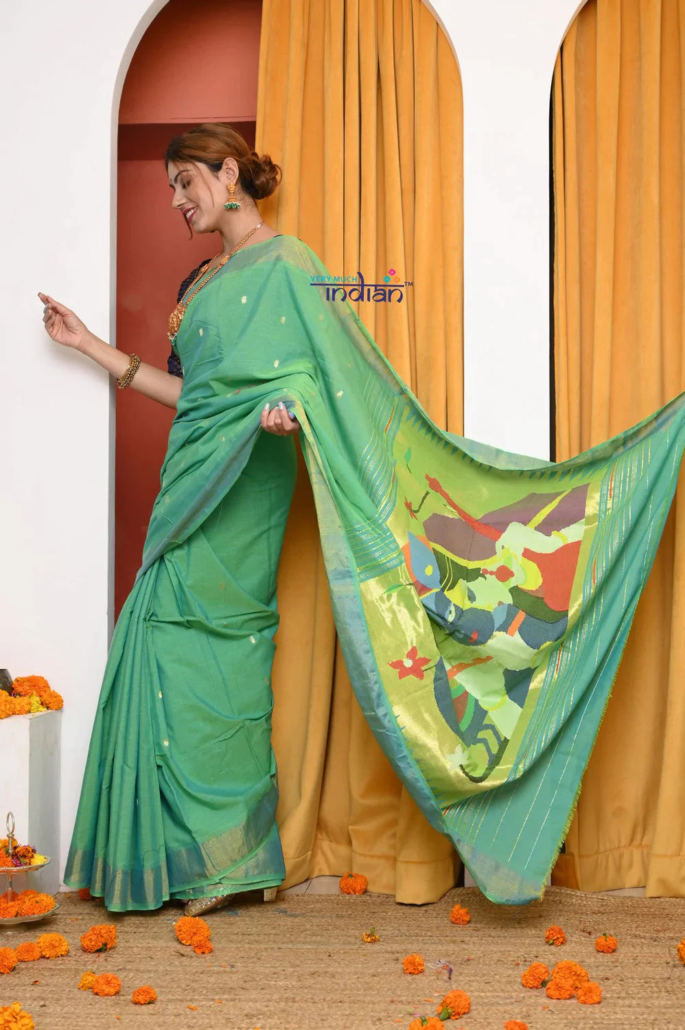 EXCLUSIVE! Traditional Handloom Sage Green Cotton Paithani With Radha Krishna Pallu - qrack theme