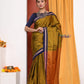 Traditional Khun Cotton Silk Authentic Handwoven Saree, Teal Yellow With Blue Border - qrack theme