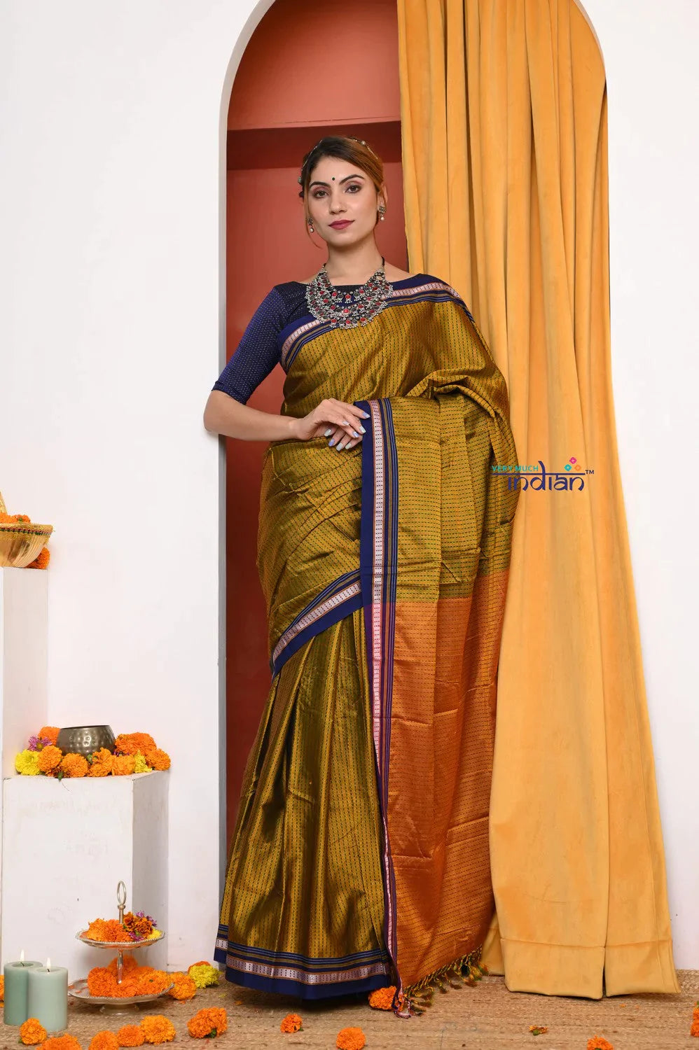 Traditional Khun Cotton Silk Authentic Handwoven Saree, Teal Yellow With Blue Border - qrack theme
