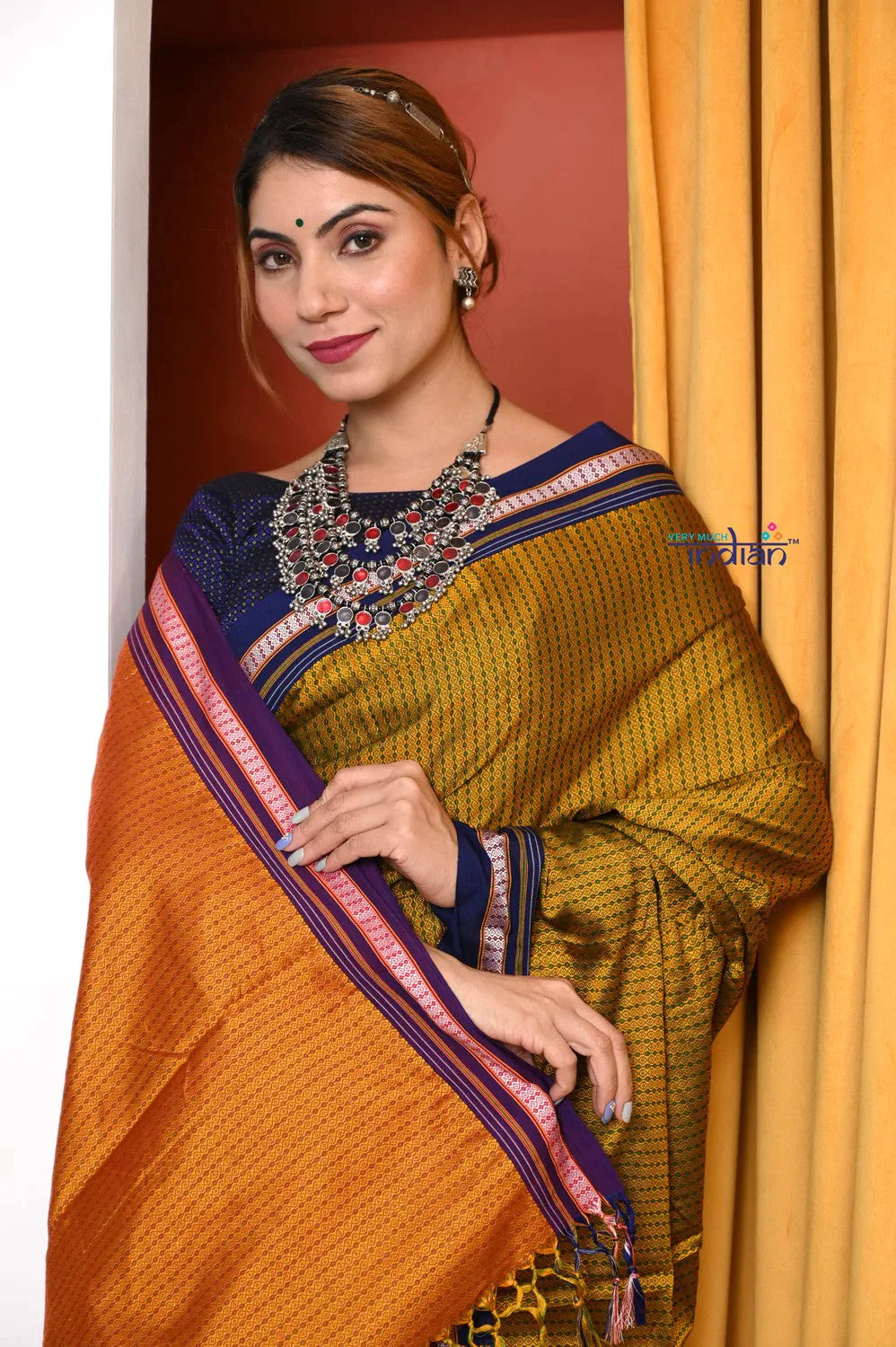 Traditional Khun Cotton Silk Authentic Handwoven Saree, Teal Yellow With Blue Border - qrack theme