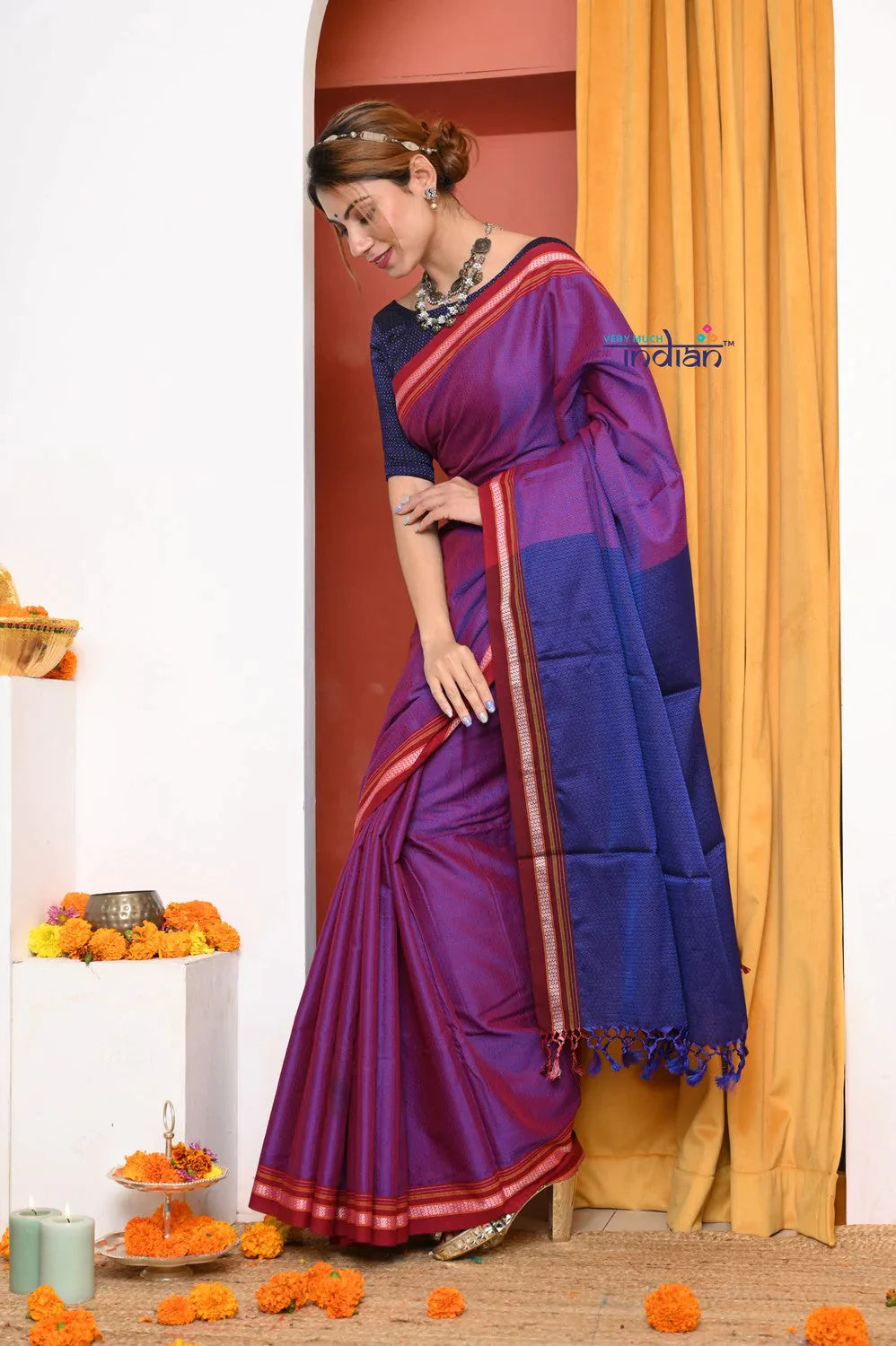 Traditional Khun Cotton Resham Saree, Dual Tone Pink-Purple barbel - qrack theme