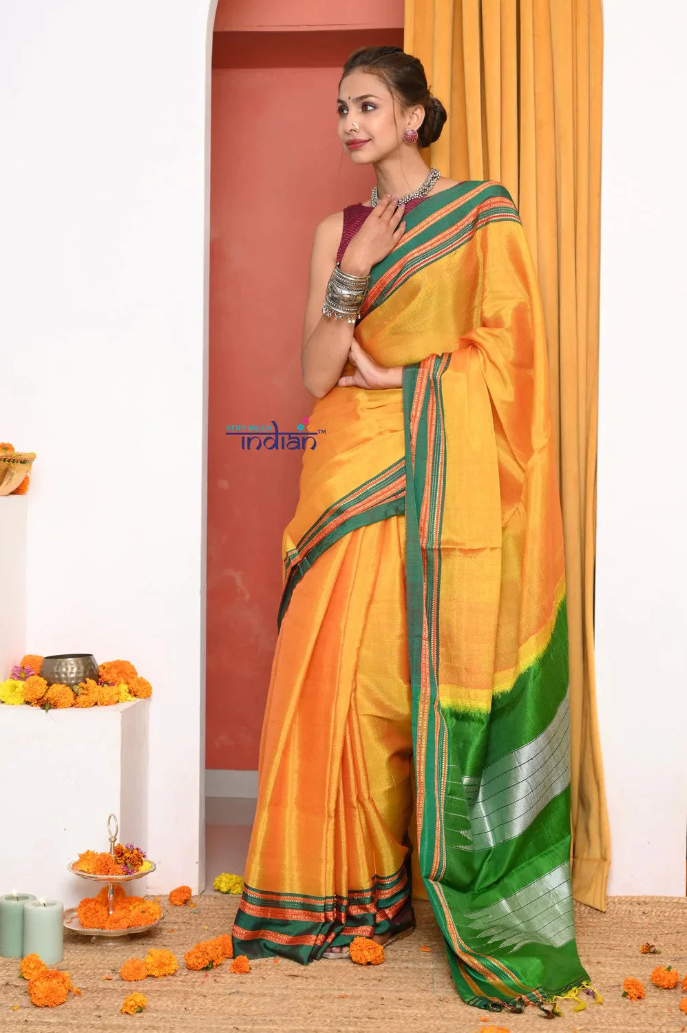 Traditional Cotton Silk Illkal Authentic Handwoven Saree,Yellow With Leaf Green Pallu - qrack theme