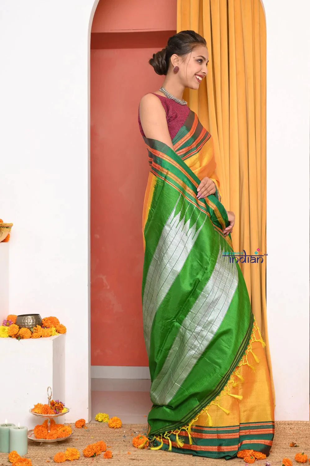 Traditional Cotton Silk Illkal Authentic Handwoven Saree,Yellow With Leaf Green Pallu - qrack theme