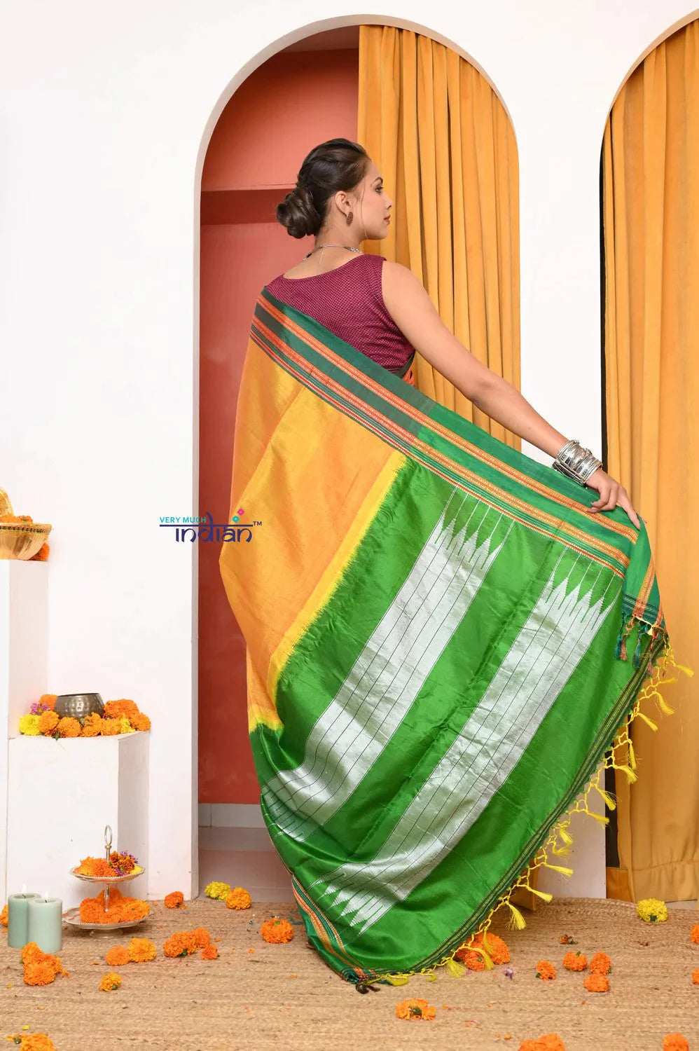 Traditional Cotton Silk Illkal Authentic Handwoven Saree,Yellow With Leaf Green Pallu - qrack theme