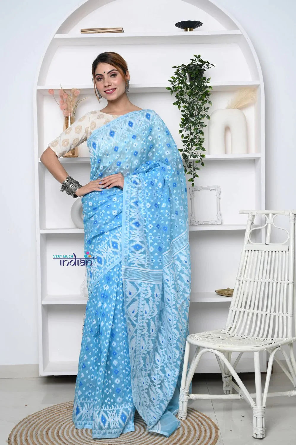 PREMIUM! Sky Blue Jamdhani Cotton Saree With Beautiful Pallu* - qrack theme