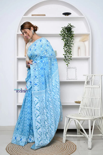 PREMIUM! Sky Blue Jamdhani Cotton Saree With Beautiful Pallu* - qrack theme