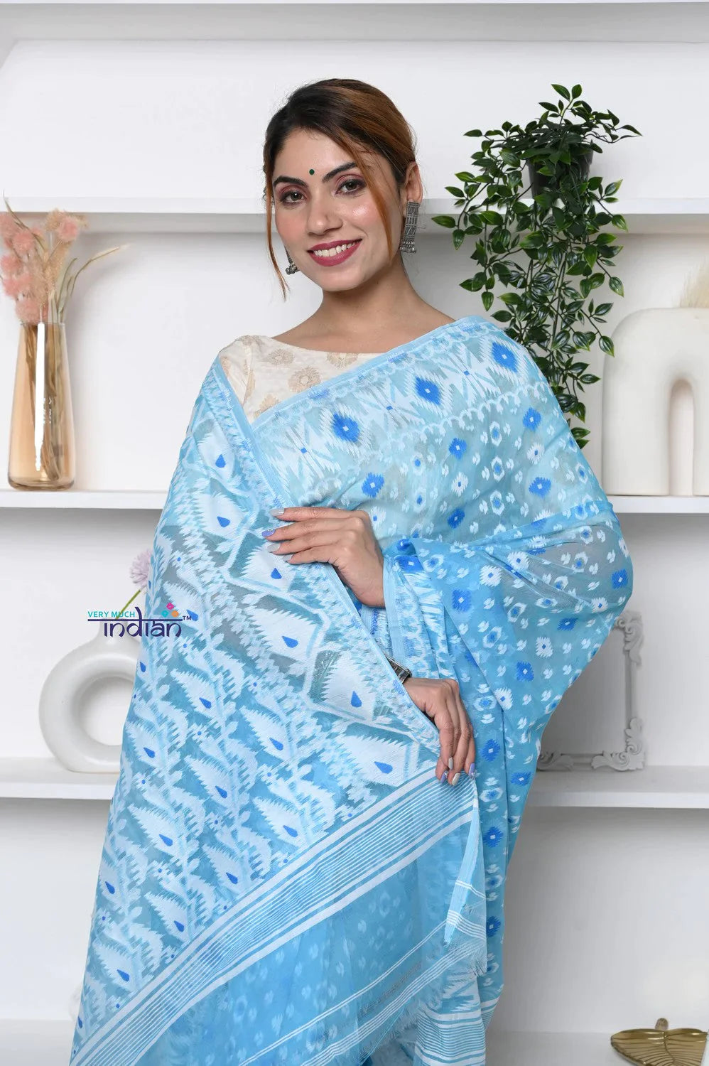 PREMIUM! Sky Blue Jamdhani Cotton Saree With Beautiful Pallu* - qrack theme